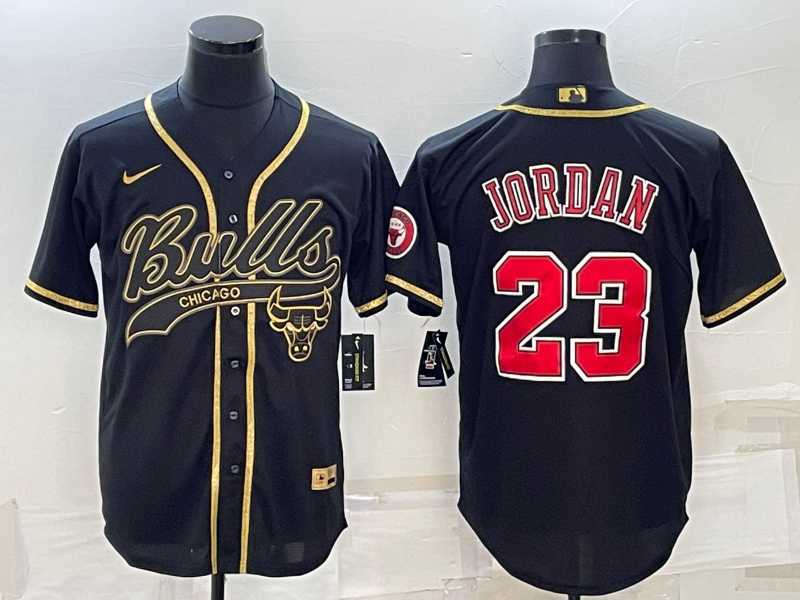 Men%27s Chicago Bulls #23 Michael Jordan Black Gold With Patch Cool Base Stitched Baseball Jersey->chicago bulls->NBA Jersey